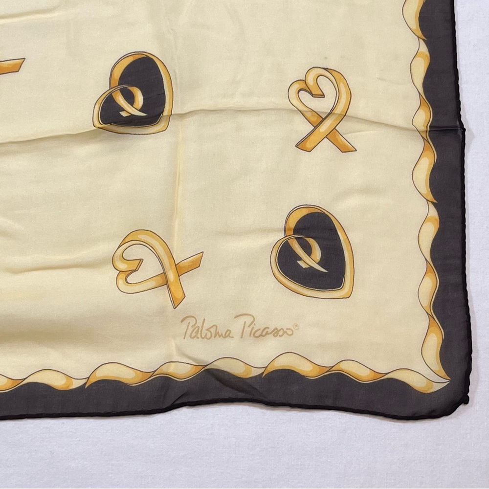 Paloma Picasso Vintage Made In Italy ”Hugs & Kisses” Silk Scarf Yellow & Brown - Picture 6 of 7
